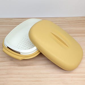 Vintage Tupperware magnetronstomer Harvest Gold 3-delige set 1273-4 1274-2 1275-2, groente-rijst-viskoker, uitstekende staat