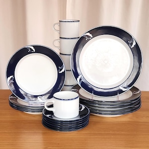 Dansk Flora Indigo Dinnerware - Flat Cup & Saucer, Dinner Plates, Salad Plates - Made in Japan, Vintage Niels Refsgaard Design