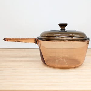 Vintage Corning Visions Amber 1.5L Saucepan with Lid, USA Made Glass Cookware, Pyroceram, Oven Safe, 1980s Retro Kitchen Collectible V-1.5-C