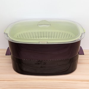 May include: A two-tiered purple steamer with a clear lid and a green insert. The steamer has two handles on the sides.