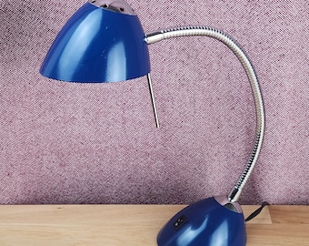 Vintage Mid Century Modern Blue Gooseneck Desk Lamp, All Metal Halogen Task Lamp