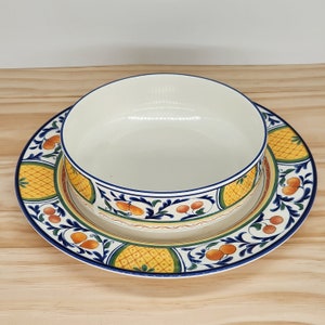 Vintage Mikasa Windsor Park Serving Set - Large Round Chop Plate Platter & Vegetable Bowl - Tropical Pineapple Orange Pattern