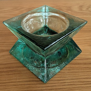 Vintage San Miguel Geometric Chunky Green Glass Candle Holder 4.25&quot;x3&quot; Handmade Spain Recycled Décor Gift