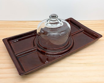 Tabla de charcutería vintage de cerámica Pfaltzgraff con cúpula de cristal