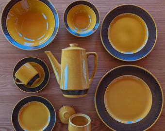 Vintage 1970s Aurora Ironstone Dinnerware Set 4267 - Mid Century Modern Japanese Mustard Yellow Polka Dot Brown Band Dining Collection
