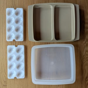 Vintage 1970er Tupperware Deviled Egg Carrier 723-3 Almond Tan mit Deckel mit Einsätzen - Retro Kitchen Aufbewahrungs- & Serviertablett
