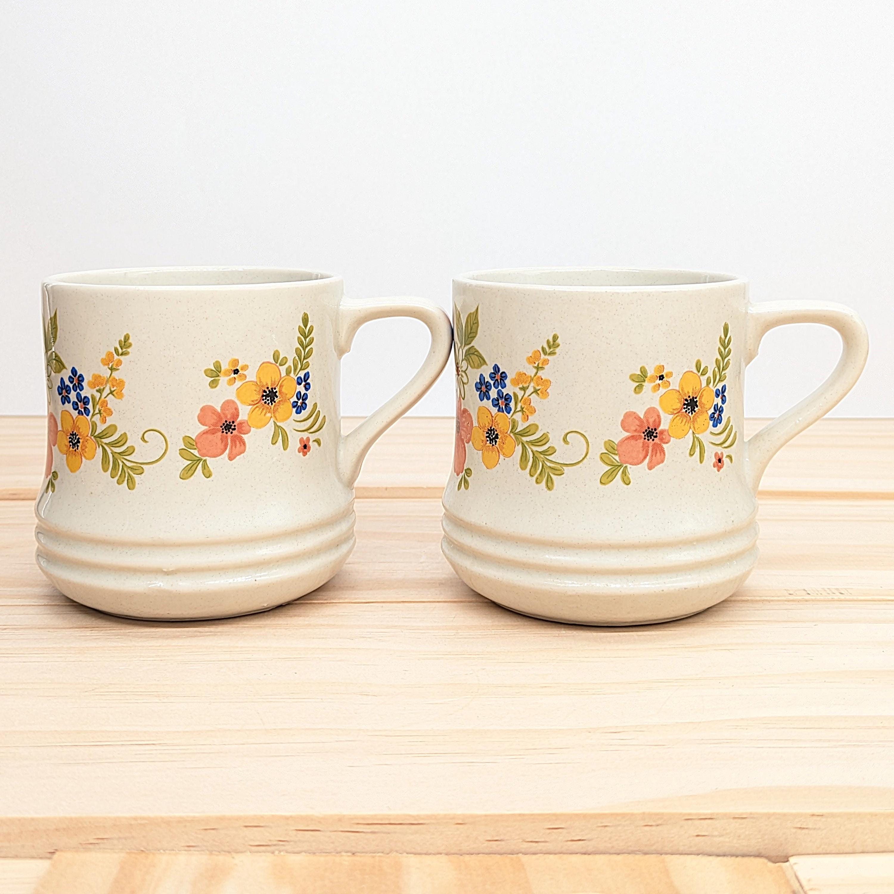 Vintage 1980 Sweet Flowers Stoneware Mugs - Pair - Retro Floral