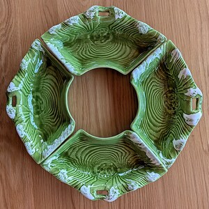 Vintage California Pottery Green Lazy Susan Dish Set, Mid-Century Modern Serving Pieces, CALIF B412 USA, 4 Sections, Missing Center Bowl