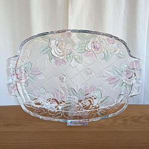 Vintage Studio Nova Beauty Rose Glass Serving Tray, Japanese Crystal Platter with Embossed Roses, Pink & Green, 15.5x10.5 inches