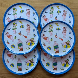 Juego de 6 platos de melamina vintage de los años 1970 y 1980, diseño de dibujos animados de bañistas, hechos en Taiwán, vajilla retro de verano de 10 pulgadas
