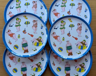 Vintage Melamine Plates Set – 1970s Whimsical Beachgoers Tableware