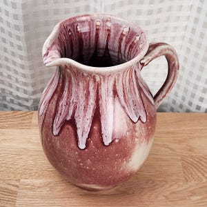 Vintage John Garrou NC Pottery Pitcher 1987 Signed Drip Glaze Stoneware Jug Cranberry Pink