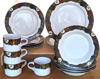 Dansk Cornucopia Vintage Stoneware Plates Bowls Mugs - Portugal Made, Fall Fruit & Vegetable Design