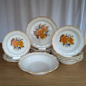 RARE Mikasa Garden Club EC400 Orange Floral Plates & Bowls - Vintage 1970s Japanese Stoneware with Center Flower Design