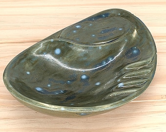 Handmade Studio Pottery Ashtray, Green & Blue Glaze, Signed Vintage Decor