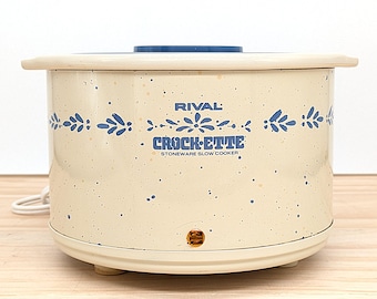 Vintage Rival Crock-ette 1 Quart Slow Cooker Model 3205 Blue Cream Stoneware Floral 1980s Small Crock Pot Tested USA Kitchen Appliance