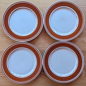 Vintage 1970s Newcor Stoneware Dinner Plates Japan | Terracotta Brown Band | Set of 4 | 10.75&quot; | Oven-to-Table Safe
