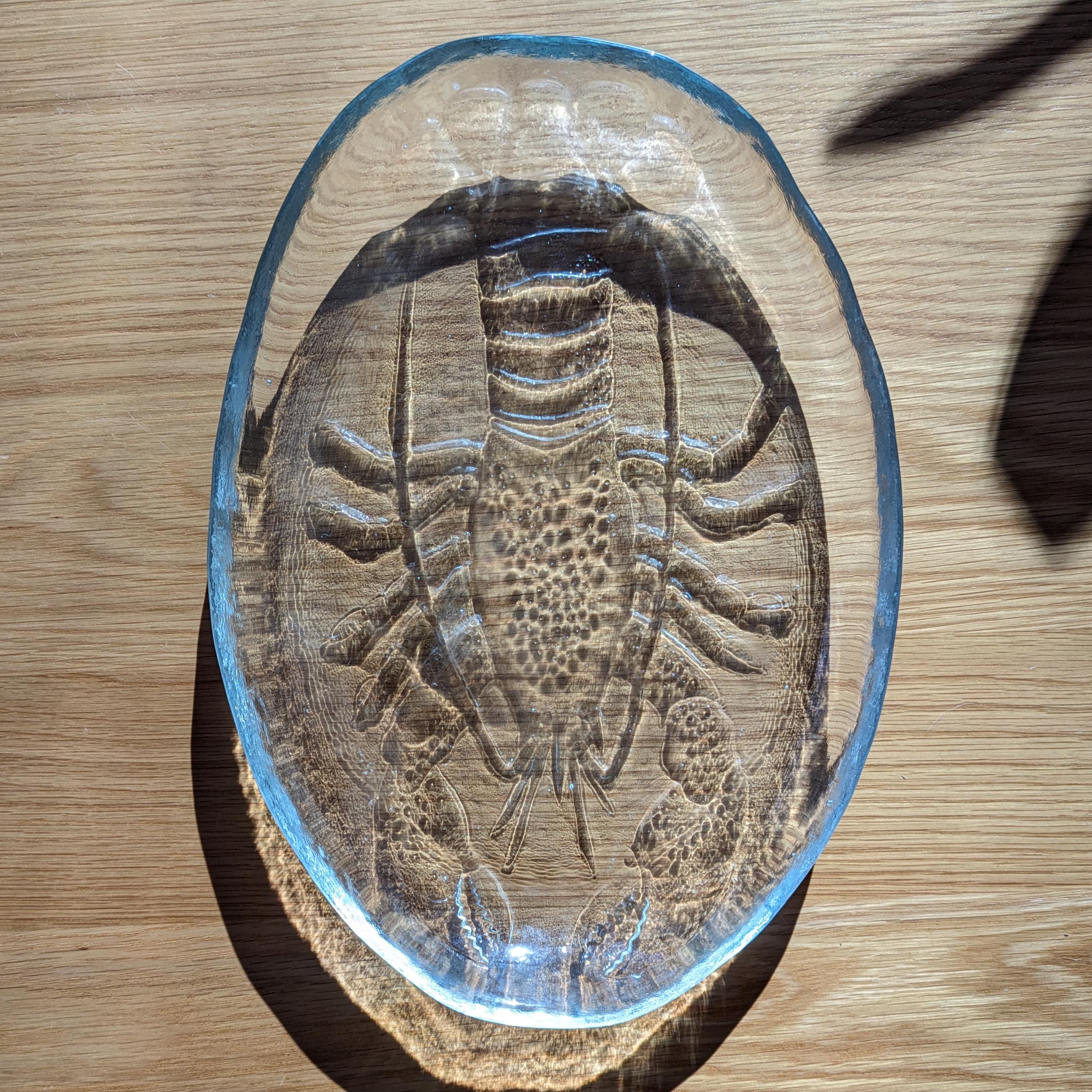 Vintage 1970s Kosta Boda Lobster Platter by Göran Wärff, Swedish Art Glass Serving Dish, Clear Glass with Blue Edge, Seafood Platter