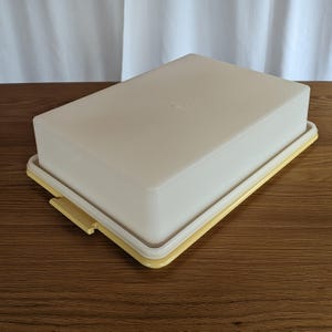 Puede incluir: Un recipiente rectangular de plástico blanquecino con tapa a juego. El recipiente se asienta sobre una base amarilla con un cierre amarillo. La tapa tiene una pequeña hendidura circular en el centro. El recipiente está sobre una superficie de madera.