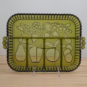 Vintage Indiana Glass Divided Serving Tray, Avocado Green Fruit Pattern, 1970s Retro Kitchen Decor, 4-Section Relish Dish 12x9