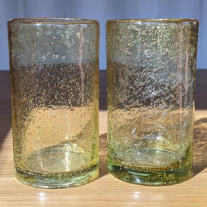 Vintage 1960s Yellow Bubble Glass Tumblers, Mid Century Modern Handblown Drink Glasses, Retro Bar Cart Decor Set 2