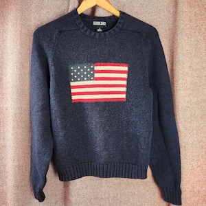 Vintage 1990s Lands’ End American Flag Sweater, Womens Small 6–8, 100% Cotton