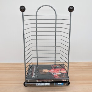 Vintage Target Soundgear DVD Rack, Metal Wire Storage, Wooden Knob Feet, Holds 15 DVDs, Mid Century Modern Media Organizer