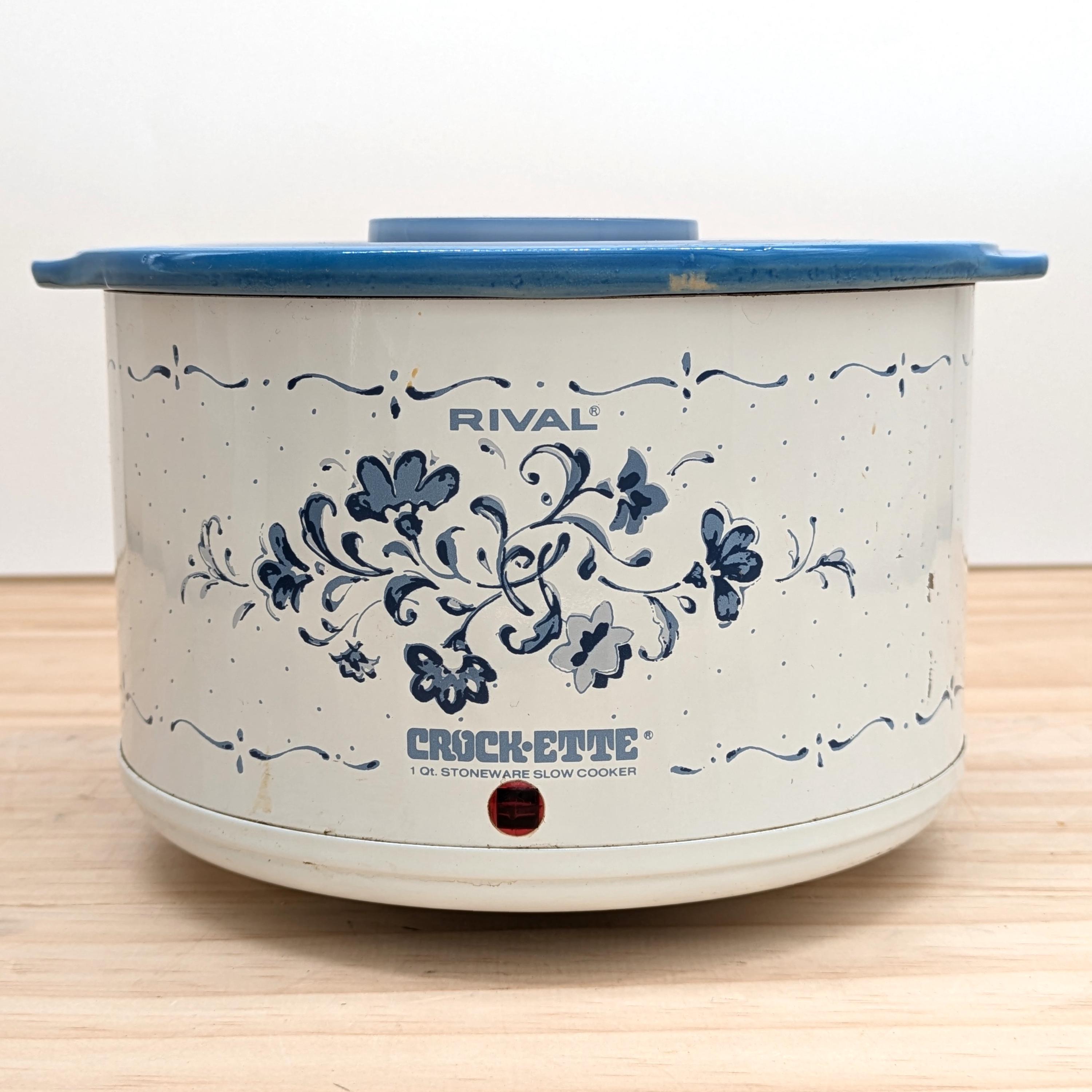 Vintage Rival Crock-Ette 1 Quart Slow Cooker Model 3205, Blue Floral, Tested, 1980s Stoneware Crock Pot, Small Kitchen Appliance Retro Decor