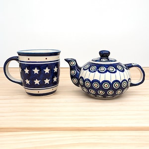 Boleslawiec Polish Pottery Mug & Teapot Set Hand Painted Blue Stars Peacock Eye WB Stoneware Poland Vintage