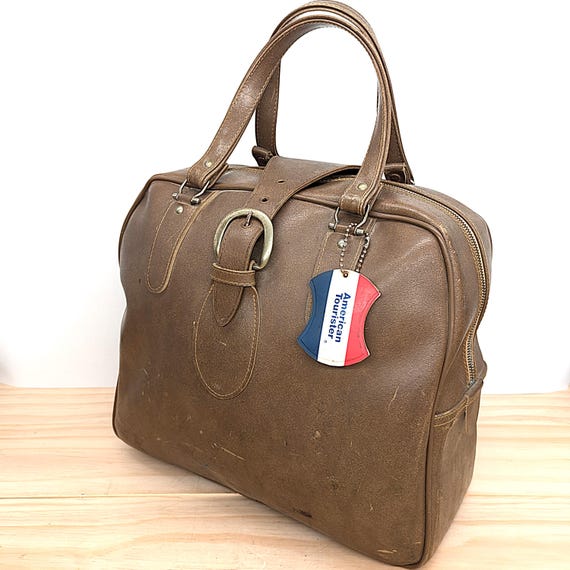 american tourister leather backpack Vintage American Tourister Leather Travel Bag – 1960s Retro Weekender