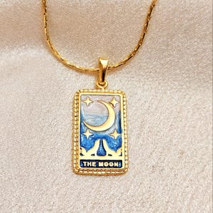 Collier carte de tarot étoile en croissant, collier loup, carte de tarot chance, pendentif à breloques, cadeau pour femme, collier carte de tarot plaqué or 24 carats, cadeau maman
