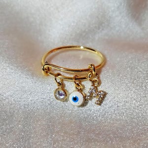 Anillo con dije de letra, cuenta de mal de ojo y piedra individual, joyería personalizable, regalo para mujer, anillo ajustable, chapado en oro de 24 k imagen 2