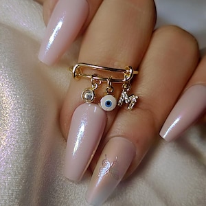 Anillo con dije de letra, cuenta de mal de ojo y piedra individual, joyería personalizable, regalo para mujer, anillo ajustable, chapado en oro de 24 k imagen 1