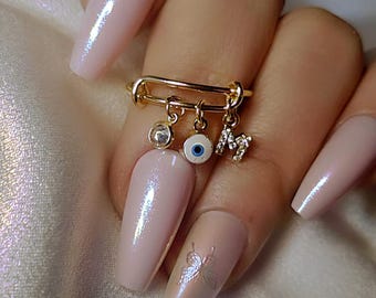 Buchstabe Charm Ring, Evil Eye Bead und Single Stone Charm Ring, personalisierte Schmuck, Geschenk für Frauen, verstellbarer Ring, 24k Vergoldeter Ring
