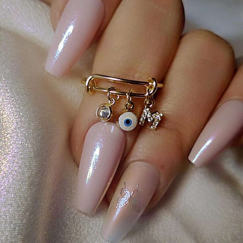 Anillo con dije de letra, cuenta de mal de ojo y piedra individual, joyería personalizable, regalo para mujer, anillo ajustable, chapado en oro de 24 k imagen 1