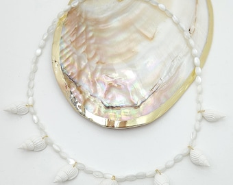 Natural Seashell Necklace • Genuine Mother of Pearl Beaded Choker • Boho Beach Jewelry • Handmade Summer Necklace