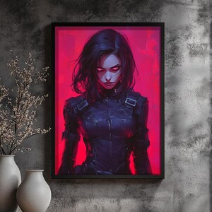Art Print - Cyberpunk Femme Fatale | Red Neon Sci-Fi Wall Art | Futuristic Warrior Poster