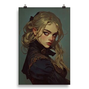 Art Print - Regal Rebellion: Mysterious Blonde Woman in Ornate Dark Attire