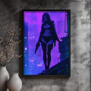 Kunstdruck - Neon City Revolverheld | Cyberpunk Femme Fatale Wand Kunst | Futuristisches Sci-Fi Poster