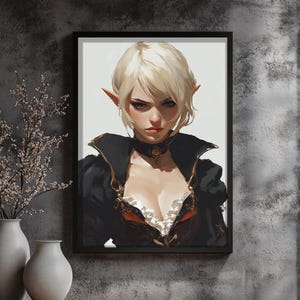 Lámina artística - Elfa rubia feroz / Retrato de fantasía para pared con estilo gótico majestuoso