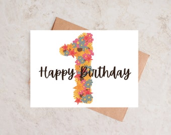 1st Birthday Card, Floral Birthday Card, Printable, Instant Download, 4x6 and 5x7, PDF and JPG, Baby Birthday Card