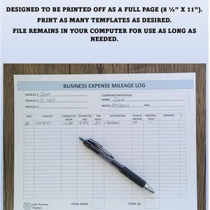 May include: A printable business expense mileage log template with a white background and black text. The template includes columns for date, purpose, odometer readings, trip miles, destination, vehicle driven, parking/tolls, and remarks. The template is designed to be printed on a full page (8.5 inches by 11 inches).