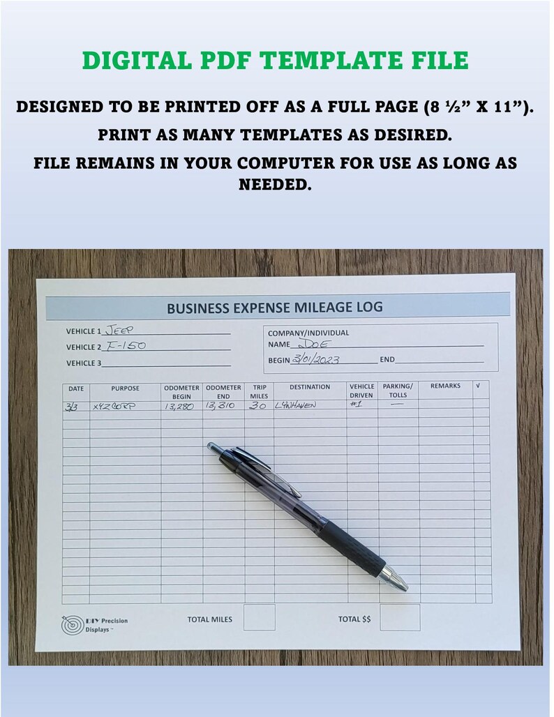 May include: A printable business expense mileage log template with a white background and black text. The template includes columns for date, purpose, odometer readings, trip miles, destination, vehicle driven, parking/tolls, and remarks. The template is designed to be printed on a full page (8.5 inches by 11 inches).