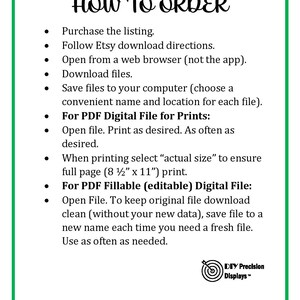 May include: A white background with black text outlining how to order a digital file from Etsy. The text includes instructions on how to download, save, and print the file. The text also includes the size of the file, which is 8 1/2 inches by 11 inches.
