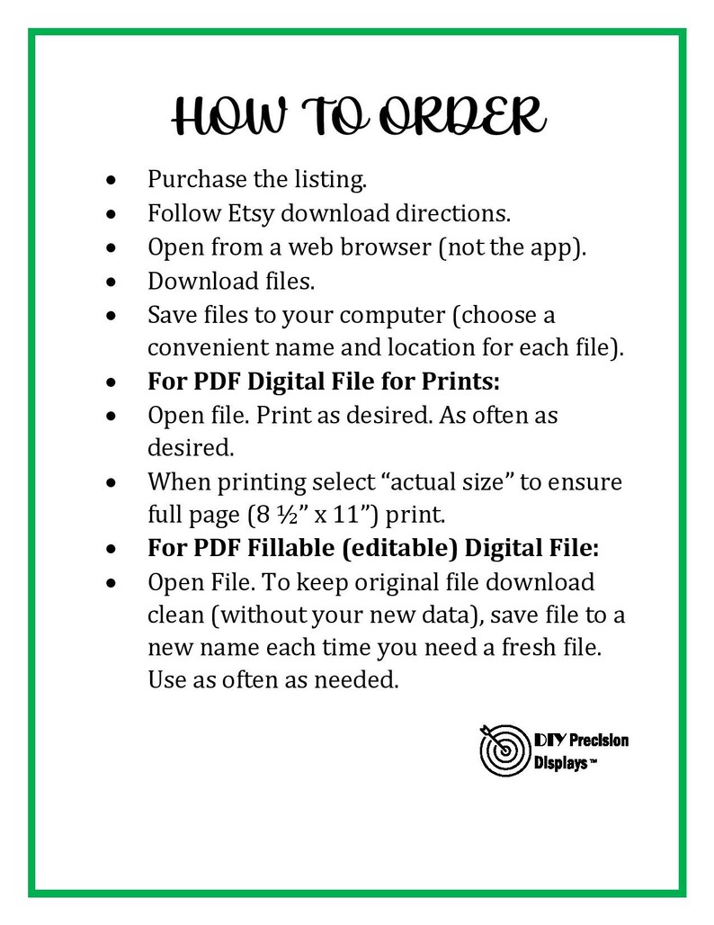 May include: A white background with black text outlining how to order a digital file from Etsy. The text includes instructions on how to download, save, and print the file. The text also includes the size of the file, which is 8 1/2 inches by 11 inches.