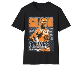 May include: Black t-shirt with a magazine cover graphic featuring basketball player Michael Jordan. The magazine cover reads "SLAM" and "3 Kings" with the text "MJ, Kobe and Lebron... The Slam Years."