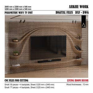 Könnte beinhalten: Eine parametrische, wellenförmige TV-Einheit aus Holz mit modernem Design. Die Einheit ist 3850 mm x 2300 mm x 540 mm oder 3200 mm x 2300 mm x 540 mm groß. Die Einheit besteht aus 15 mm dickem Holz und wird mit digitalen Dateien zum Zuschneiden geliefert.