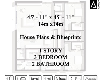 Casa de campo moderna de 1 piso, casa familiar de 3 habitaciones y 2 baños (45' x 45') (14 mx 14 m) Planos 2D y 3D de casas útiles personalizadas, planos, unidades métricas e imperiales en formato PDF