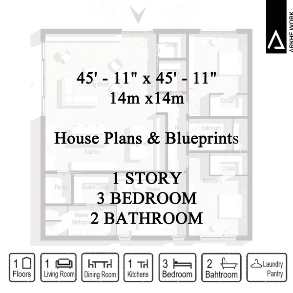 1 Story Modern Cottage, Family House 3 bed 2 bath (45'x45') (14mx14m) Custom Useful House 2D 3D Plans Blueprints, Metric-Imperial Units PDF