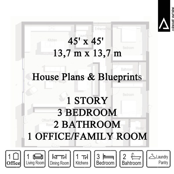 1 Story Modern Family House, Useful Open Plan, 3 bed 2 bath 1 Office (45' x45') Square 2D & 3D Plans Blueprints (Metric-Imperial Units PDF)